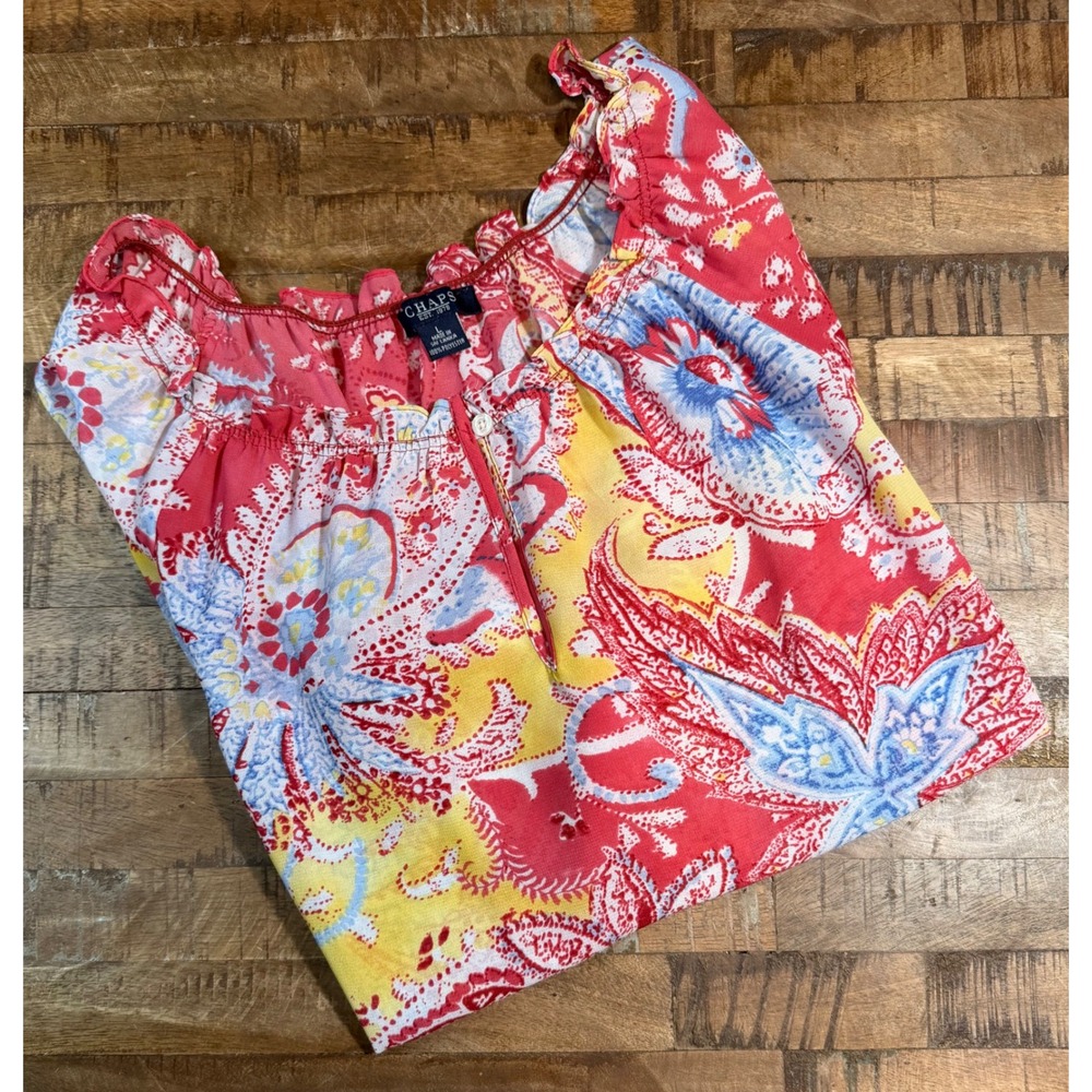 Chaps Womens Large Red Yellow Paisley Ruffle Split Neck 3/4 Sleeve Blouse Top